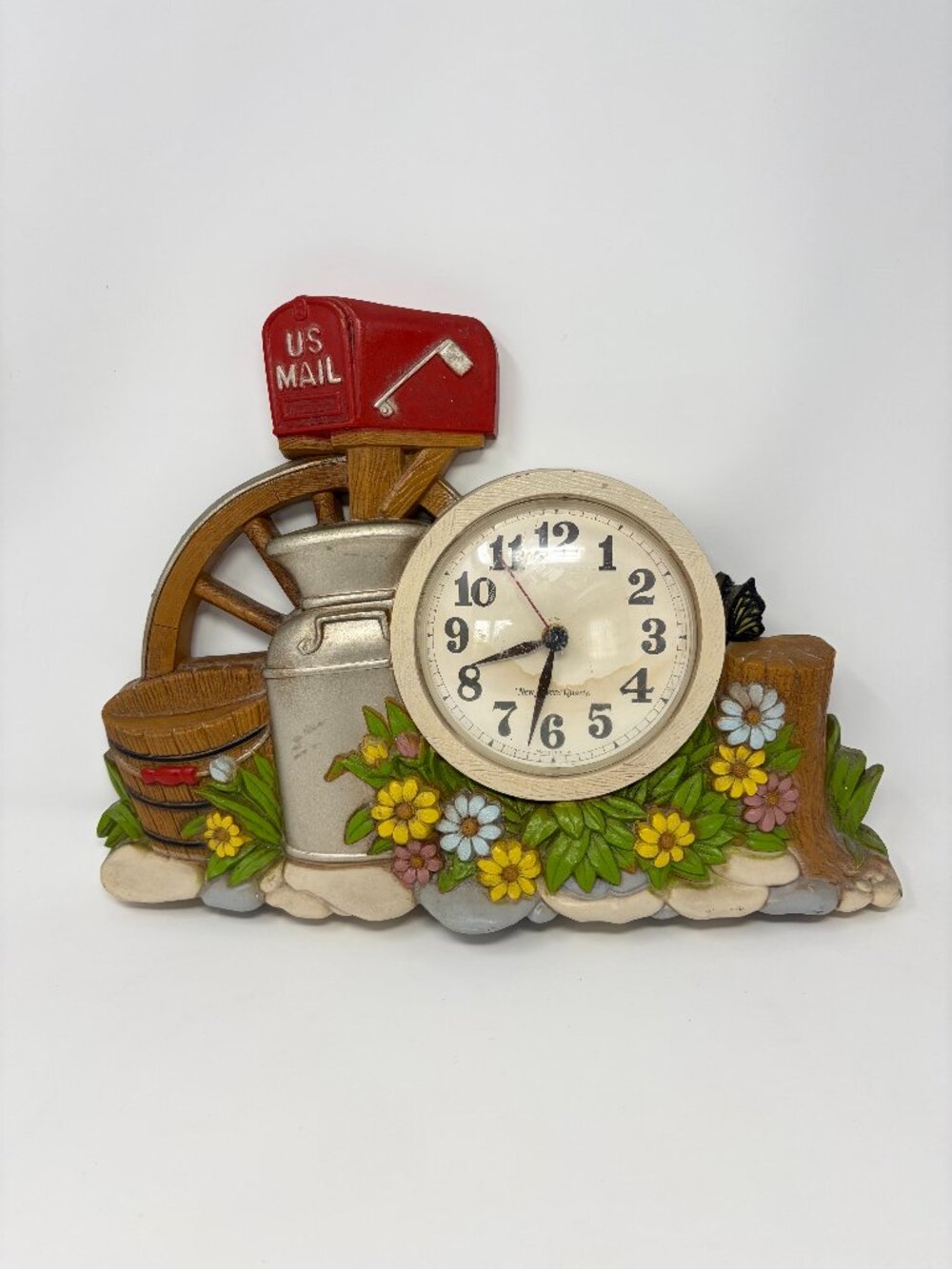 Vintage New Haven Burwood Quartz Milk Can Mailbox Flower Hanging Wall Clock 2667